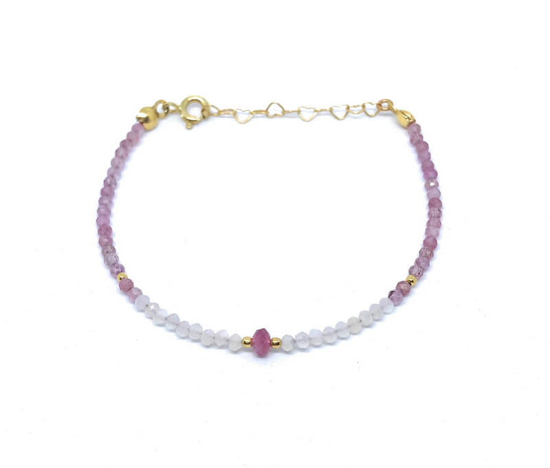 Pulsera de cuarzo fresa y piedra luna de 2 mm de grosor plata de primera ley chapada en oro rosa ajustable de 16 cm a 19 cm