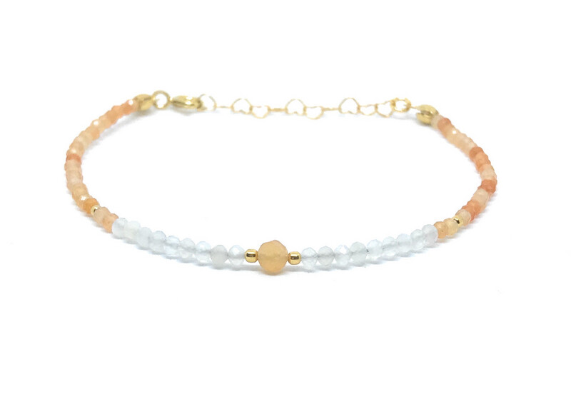 Pulsera de aventurina naranja y piedra luna de 2 mm de grosor plata de primera ley chapada en oro de 24K ajustable de 16cm a 19cm