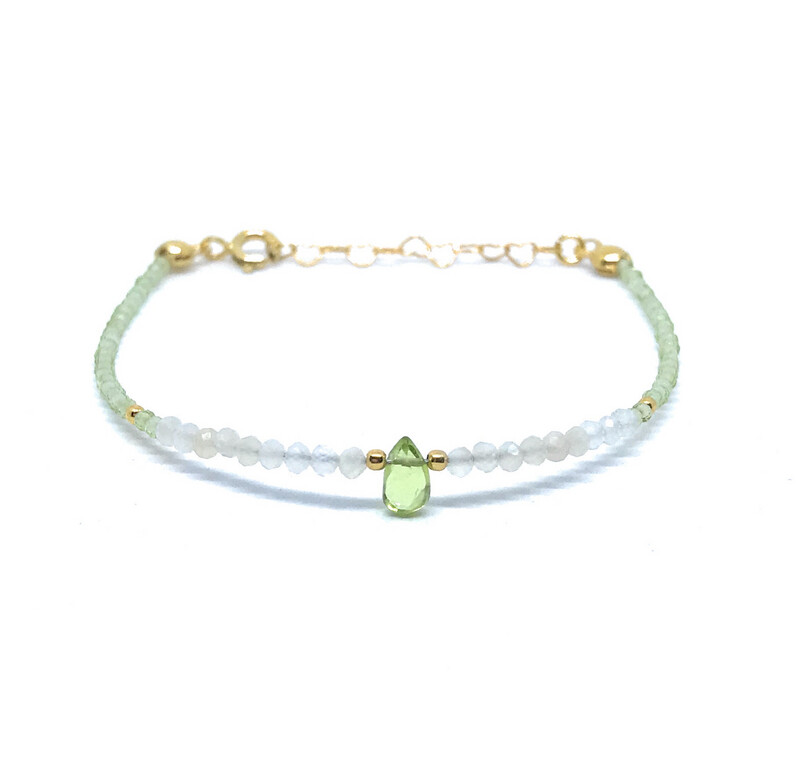 Pulsera de peridoto y piedra luna de 2 mm de grosor plata de primera ley chapada en oro amarillo de 24K ajustable de 16cm a 19cm