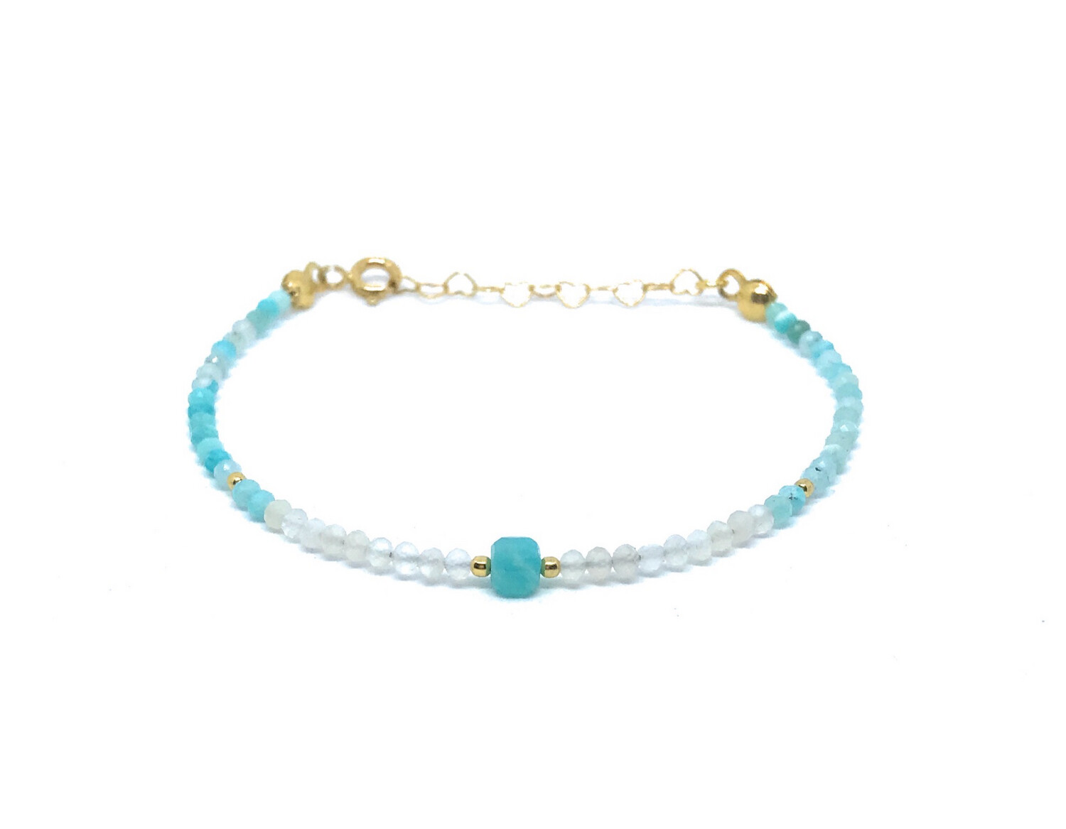 Pulsera de amazonita y piedra luna de 2mm de grosor plata de primera ley chapada en oro amarillo de 24K ajustable de 16cm a 19cm