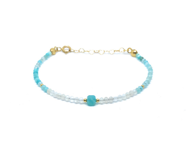 Pulsera de amazonita y piedra luna de 2mm de grosor plata de primera ley chapada en oro amarillo de 24K ajustable de 16cm a 19cm