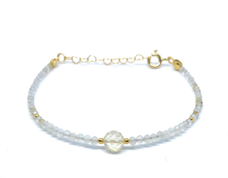 Pulsera de citrino y piedra luna de 2mm de grosor plata de primera ley chapada en oro amarillo de 24K ajustable de 16cm a 19cm