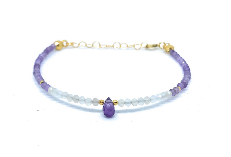 Pulsera de amatista y piedra luna de 2 mm de grosor plata de primera ley chapada en oro de 24K ajustable de 16cm a 19cm
