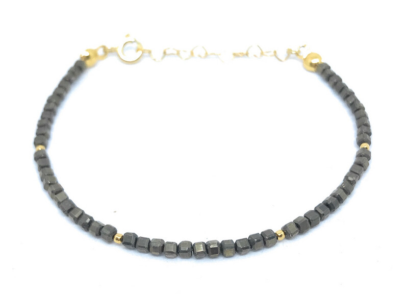 Pulsera de pirita piedra natural cubos de 2.2mm de grosor plata de primera ley chapada en oro amarillo ajustable de 16cm a 19cm