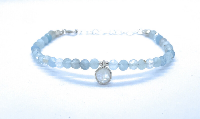 Pulsera de aguamarina de 4mm de grosor dije de piedra luna natural plata de primera ley ajustable de 16 cm a 19cm