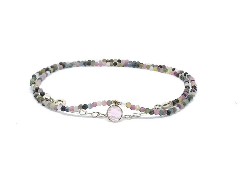 Gargantilla de turmalina sandia de 2mm de grosor colgante de cuarzo rosa de 6mm plata de primera ley ajustable de 40cm a 45 cm