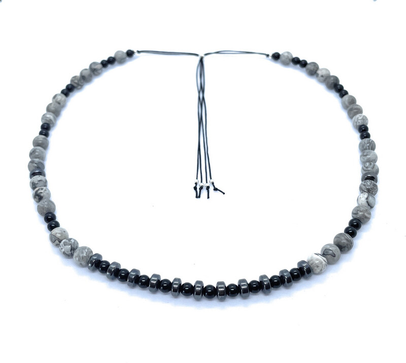 Gargantilla de hombre jaspe gris de 6mm de grosor onix mate de 4 mm y discos de hematite plata de primera ley 925 ajustable de 40cm a 55cm