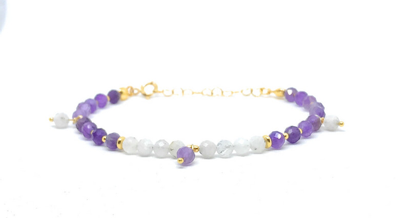 Pulsera de amatista y piedra de 4 mm de grosor plata de primera ley chapada en oro amarillo ajustable de 16cm a 19cm 