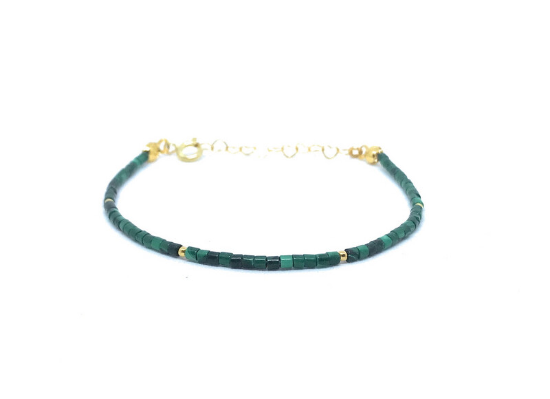 Pulsera de malaquita tubos de 2 mm de grosor plata de primera ley chapada en oro amarillo de 24k ajustable de 16cm a 19cm 