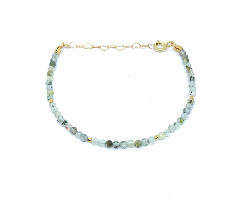 Pulsera de Prehnita de 2 mm de grosor plata de primera ley chapada en oro amarillo de 24k ajustable de 16cm a 19cm 