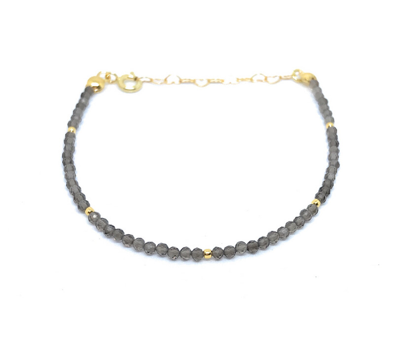 Pulsera de cuarzo ahumado de 2 mm de grosor plata de primera ley chapada en oro amarillo 24k ajustable de 16cm a 19cm 