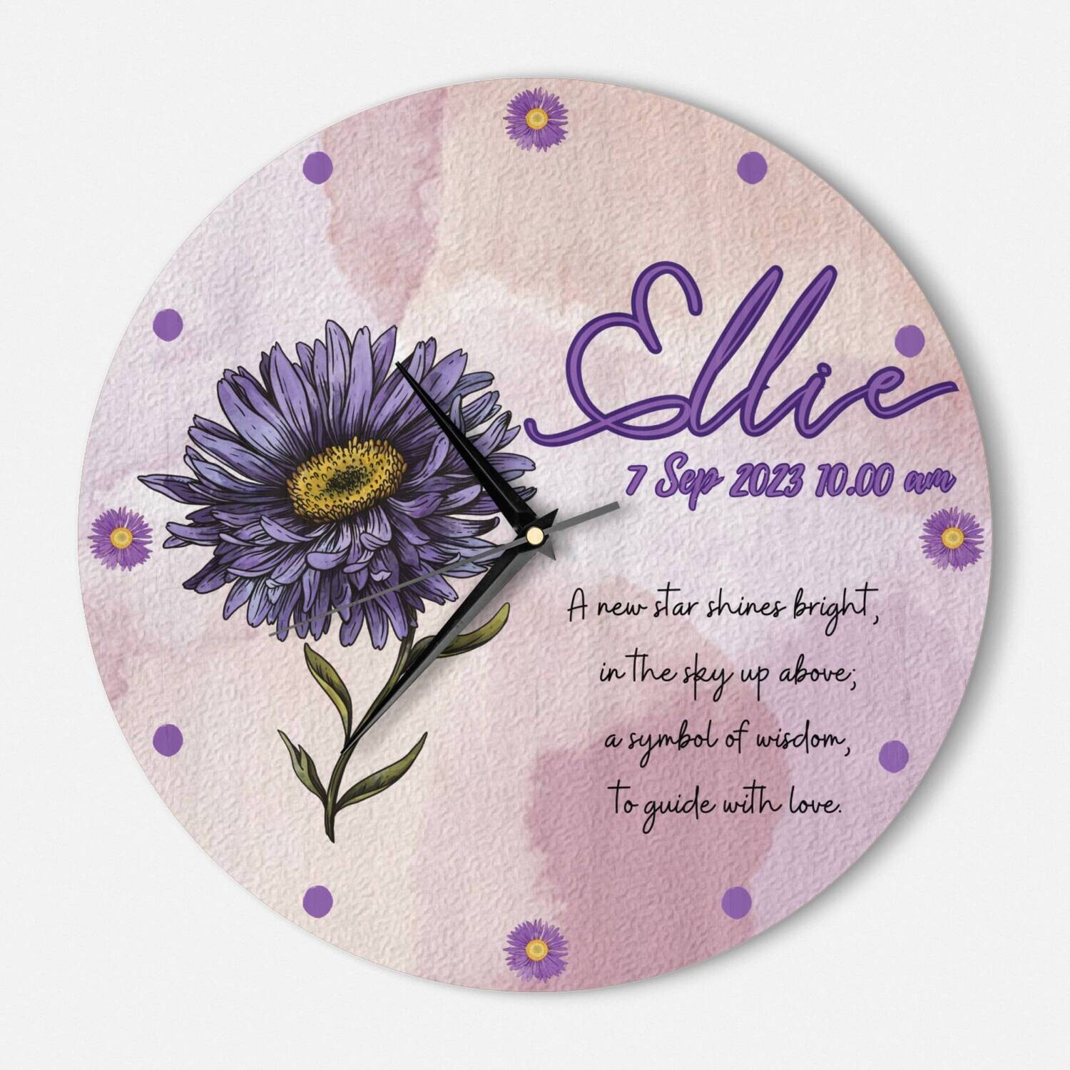 Personalised Birth Flower Themed Large Wooden Wall Clock