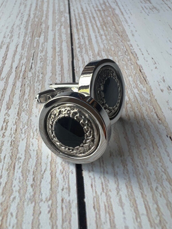 Black Enamel and Silver Cufflinks