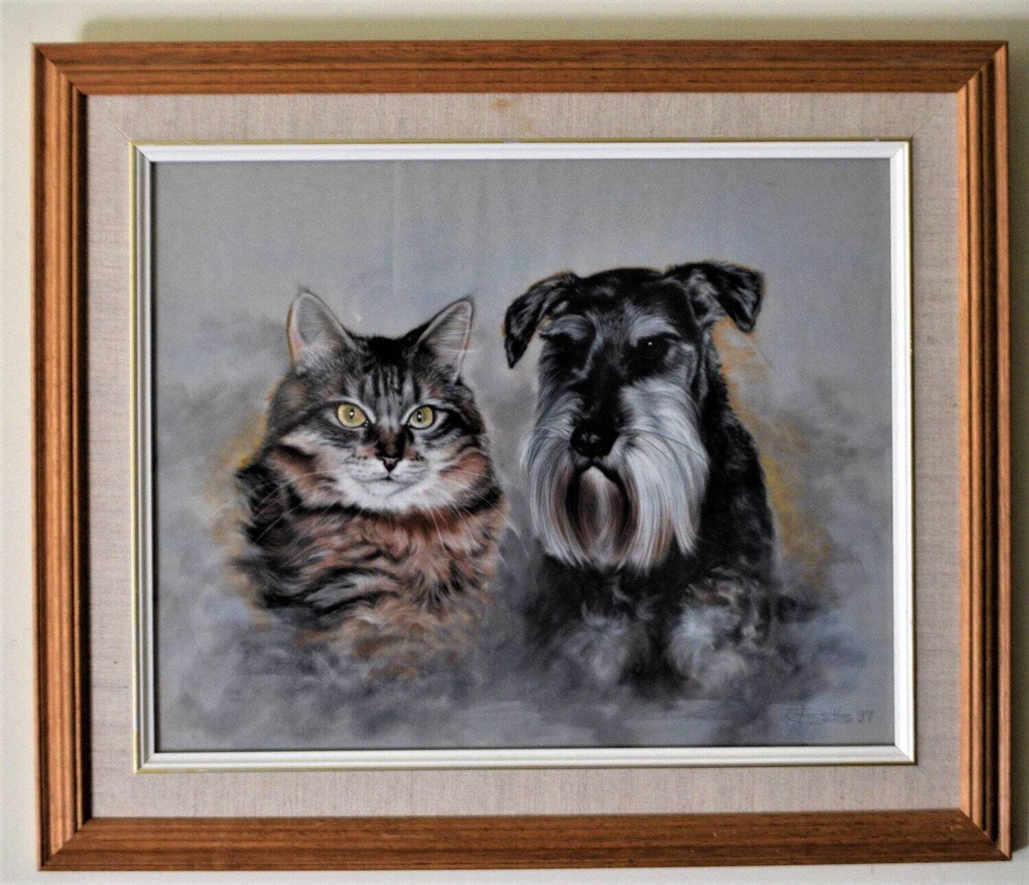 Original Pastel by Canadian Joyce Betts. Approx size, 26&quot;x 22&quot;.  Friends. Dog and Cat
