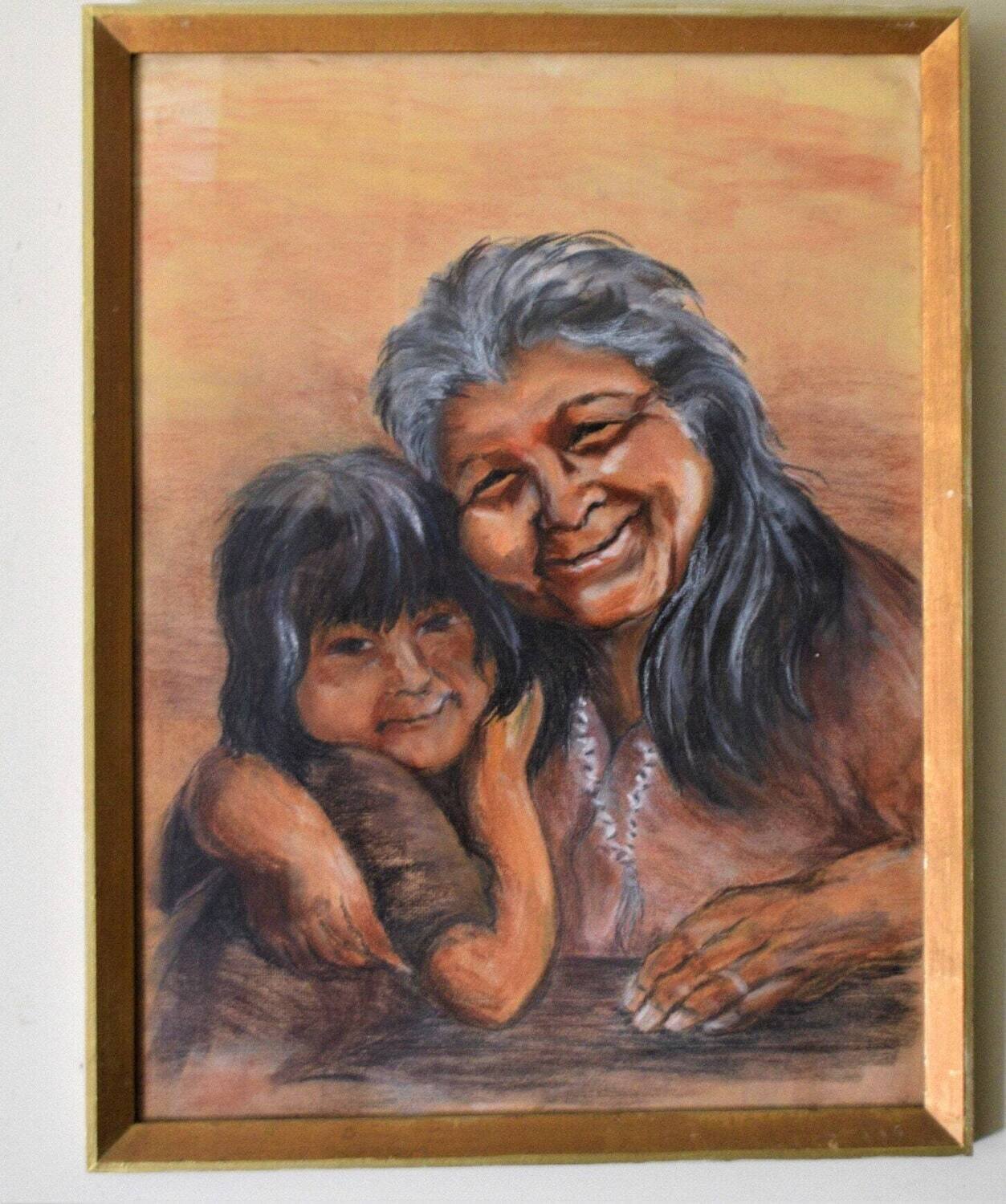 Original Pastel. Grandmother and Child. Approx size, 26&quot;x 20&quot;. Indigenous.