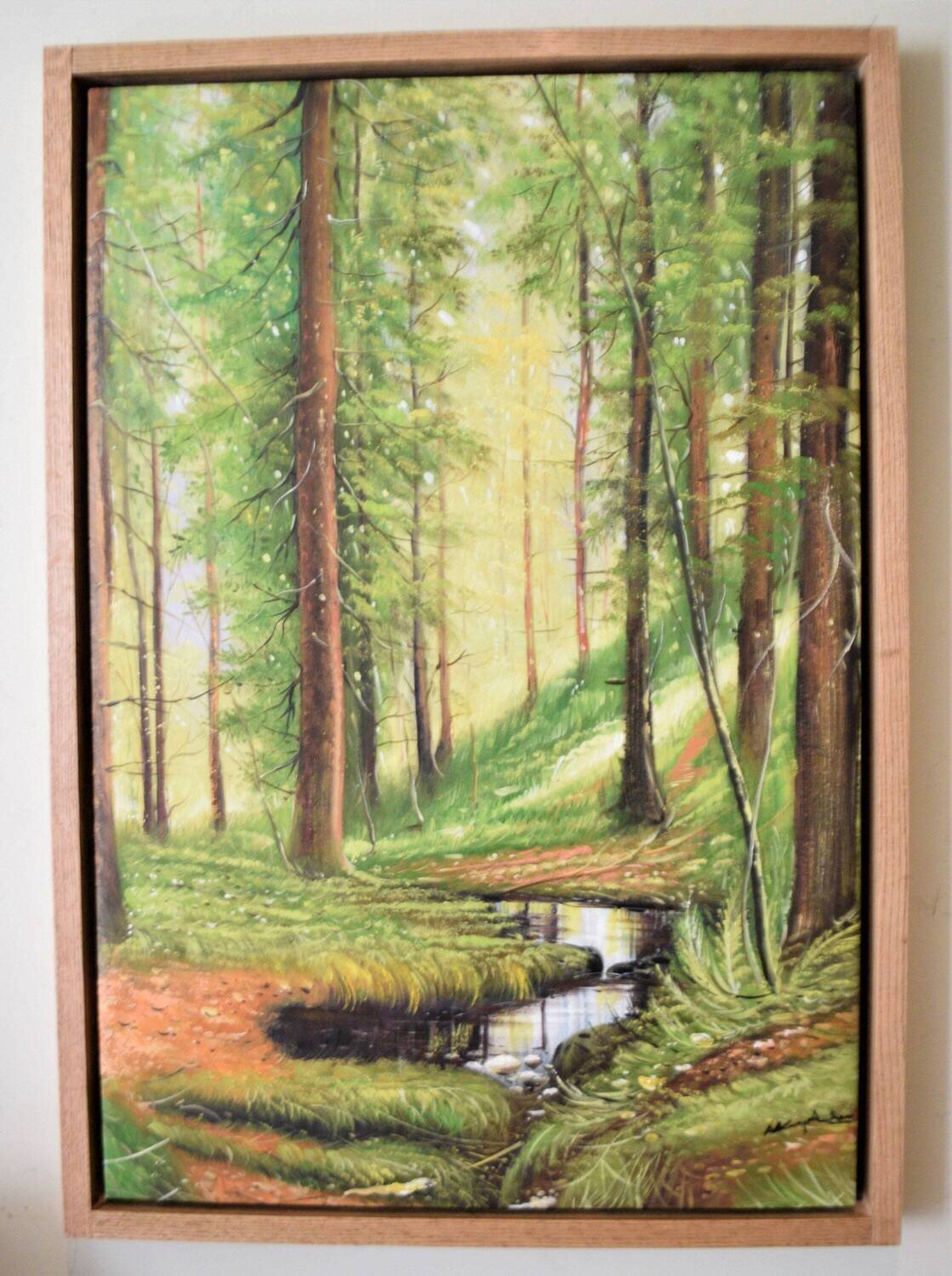Large Original Oil , Signed. Solid Oak Floating Frame. 26&quot; x 37&quot; Woodland Stream.