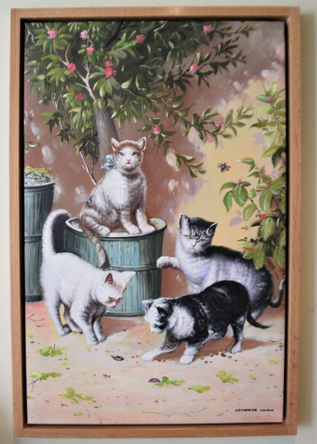 Large Original Oil , by Catherine Wilson. Solid Oak Floating frame 26&quot; x 37&quot; Cats at Play.