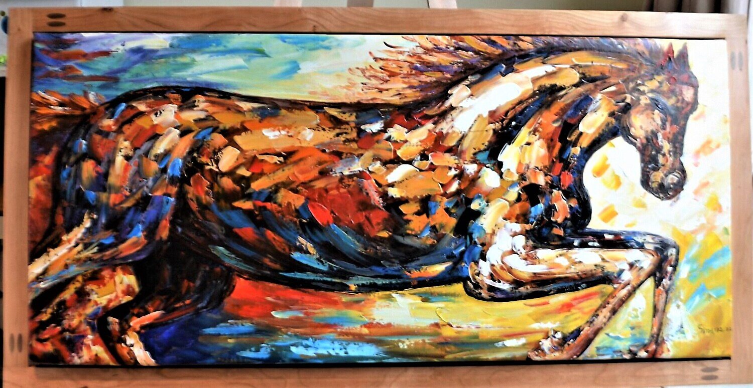 Large Oil on Canvas , Solid Cherry Floating Frame. &quot;48 x 24&quot; . Signed . SEE IMPORTANT NOTE.