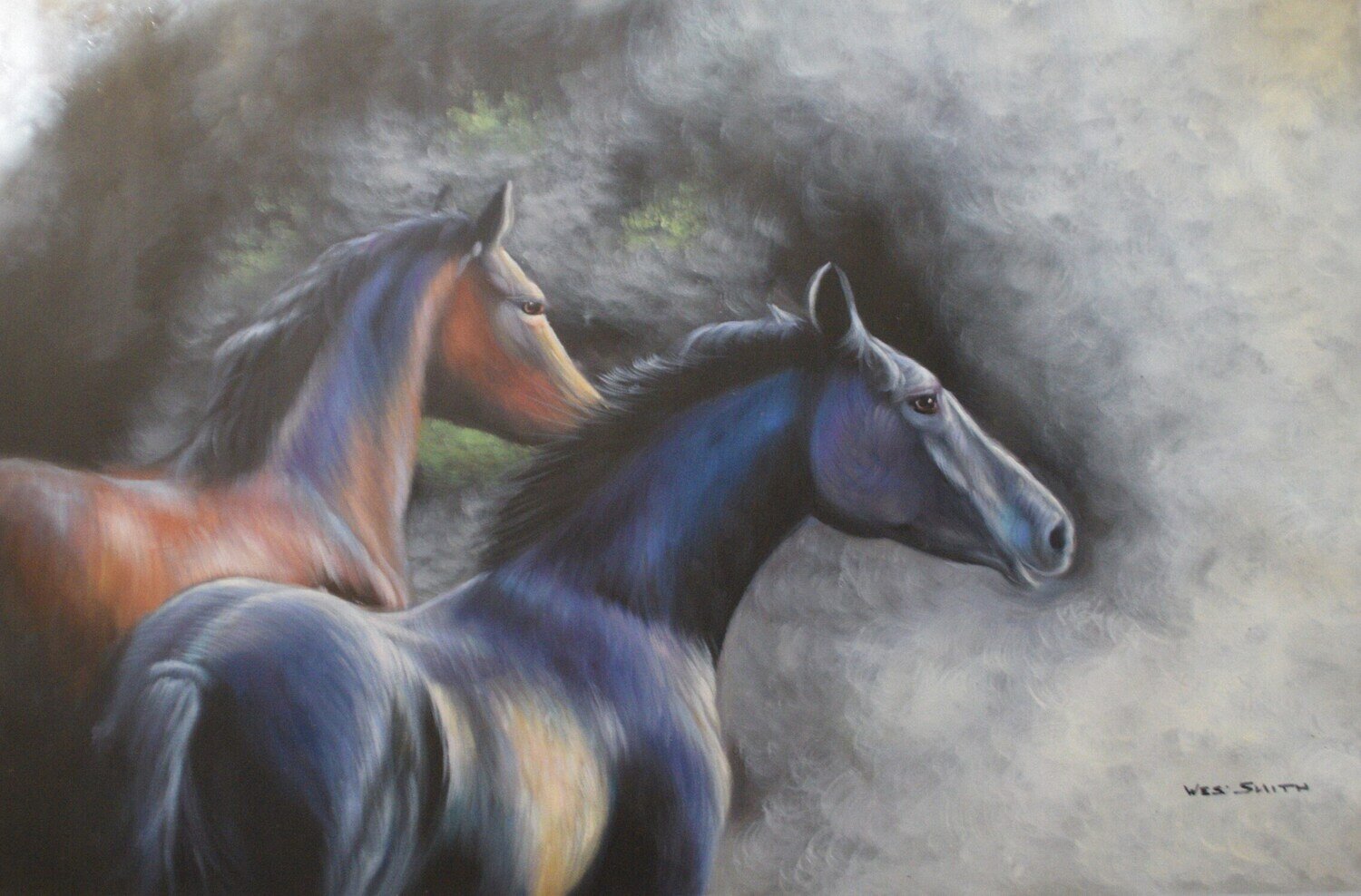 Large Original Oil by Wes. Smith.  Approx. 37&quot; x26&quot; Horses.  Solid Oak Floating frame.