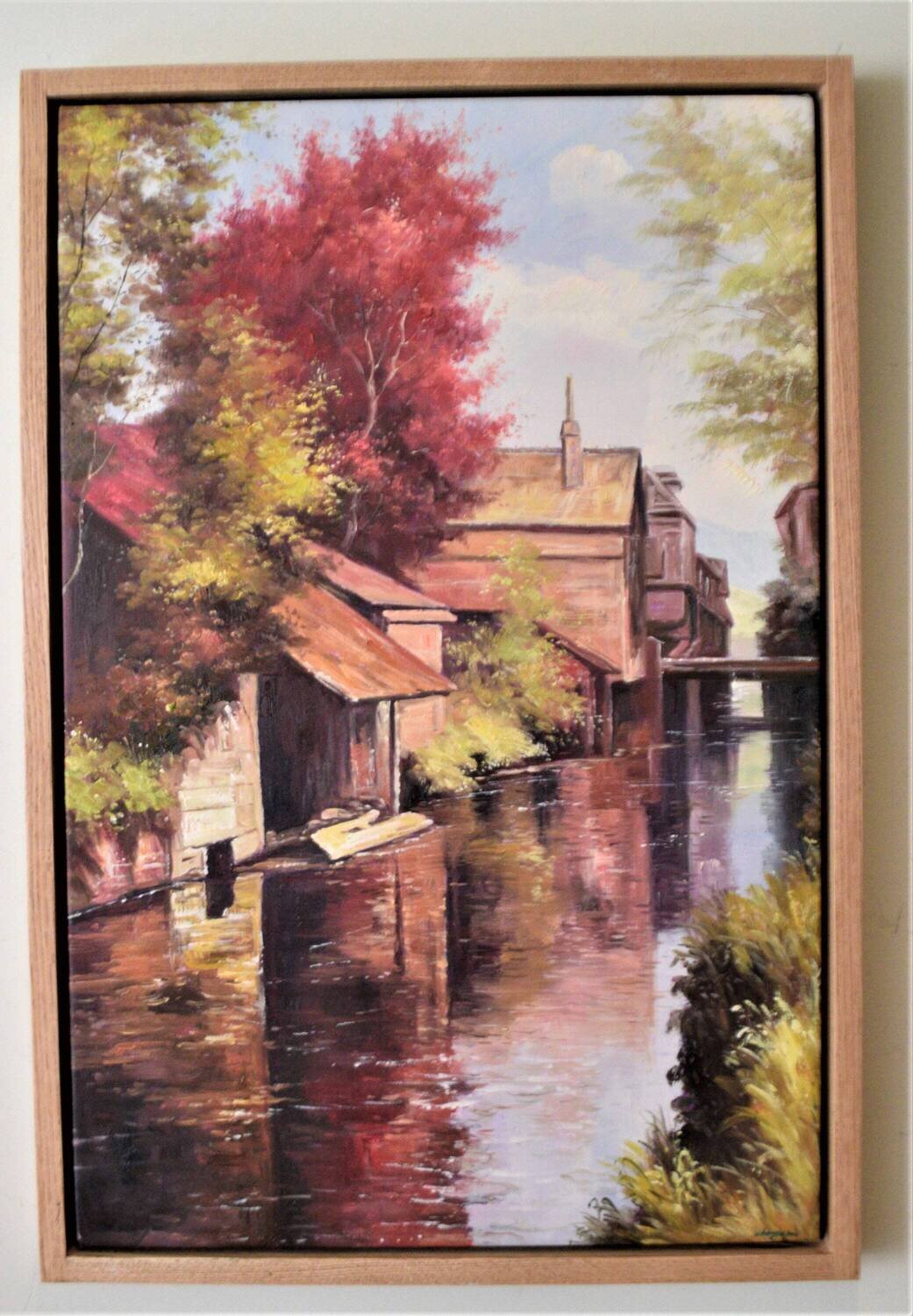 Large Signed Original Oil. Solid Oak Floating Frame, 25&quot; x 37&quot;