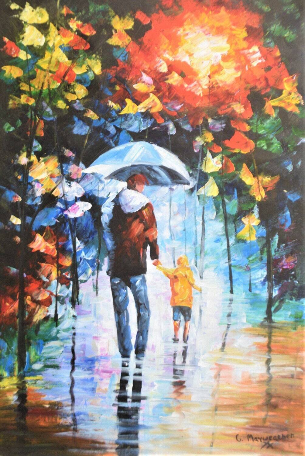 Large Original Oil  Palette knife, by C. Mayweather. Solid Oak Floating Frame.  24&quot; x 36&quot;.