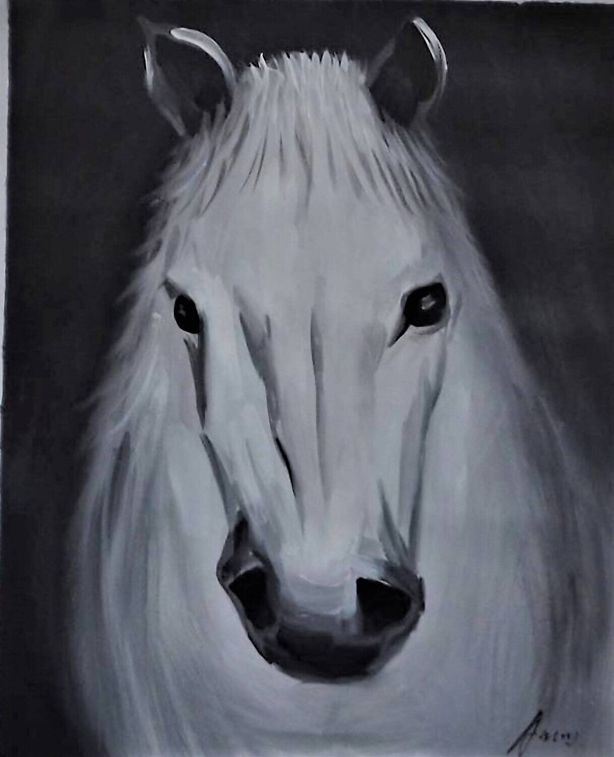 Original Oil, Black and White Horse . Signed Ami. Solid Oak Floating Frame. Approx. 18&quot; x 22&quot; .NOTE.