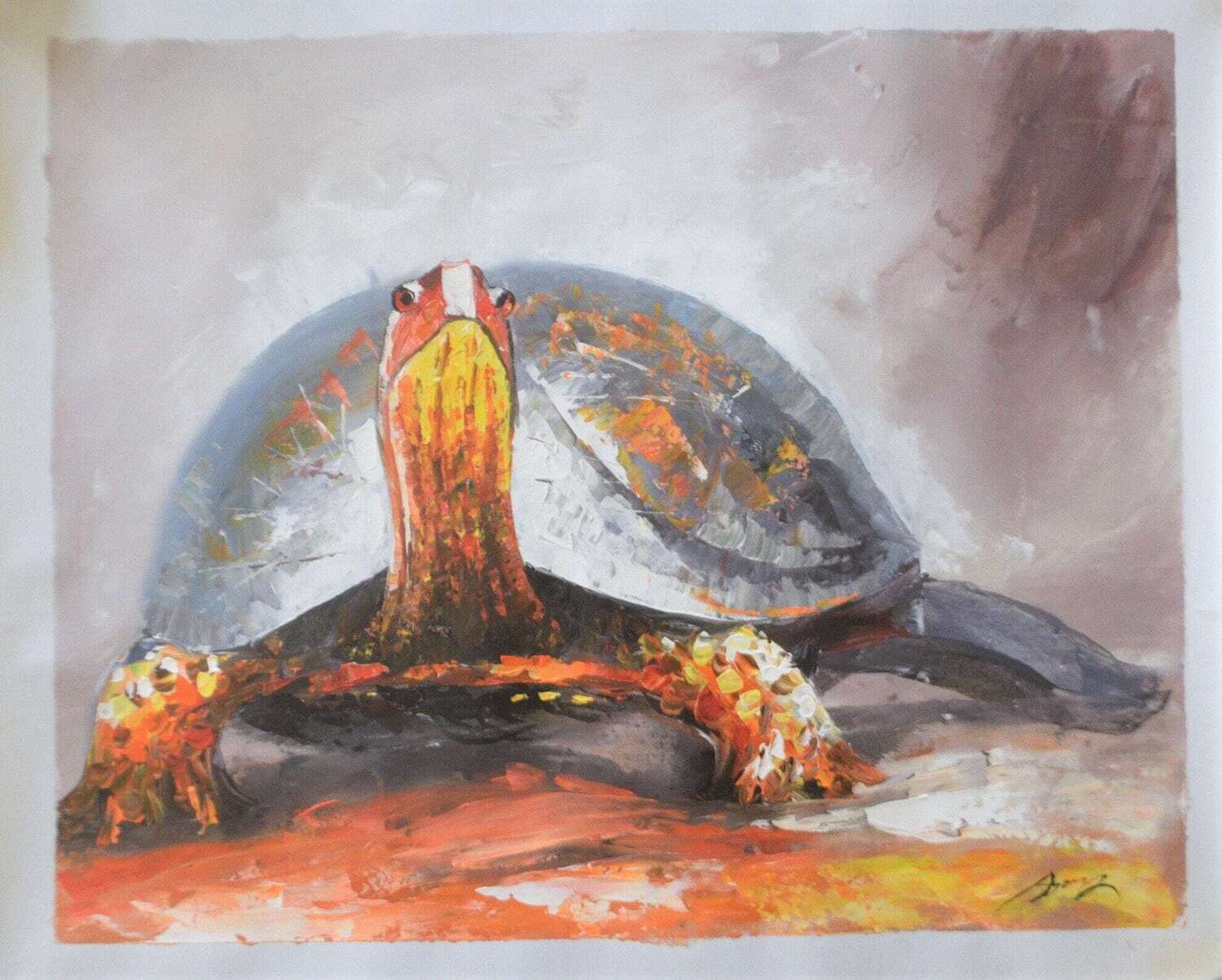Original Oil,  Turtle . Signed Ami. Solid Oak Floating Frame. Approx. 18&quot; x 22&quot;. See NOTE.