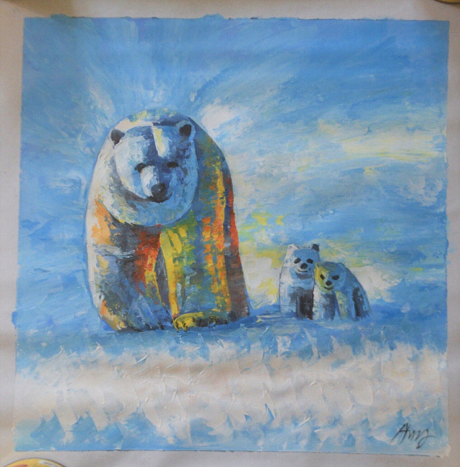 Original Oil, Polar Bears . Signed Ami. Solid Oak Floating Frame. Approx. 18&quot; x 18&quot;.  Read Note.