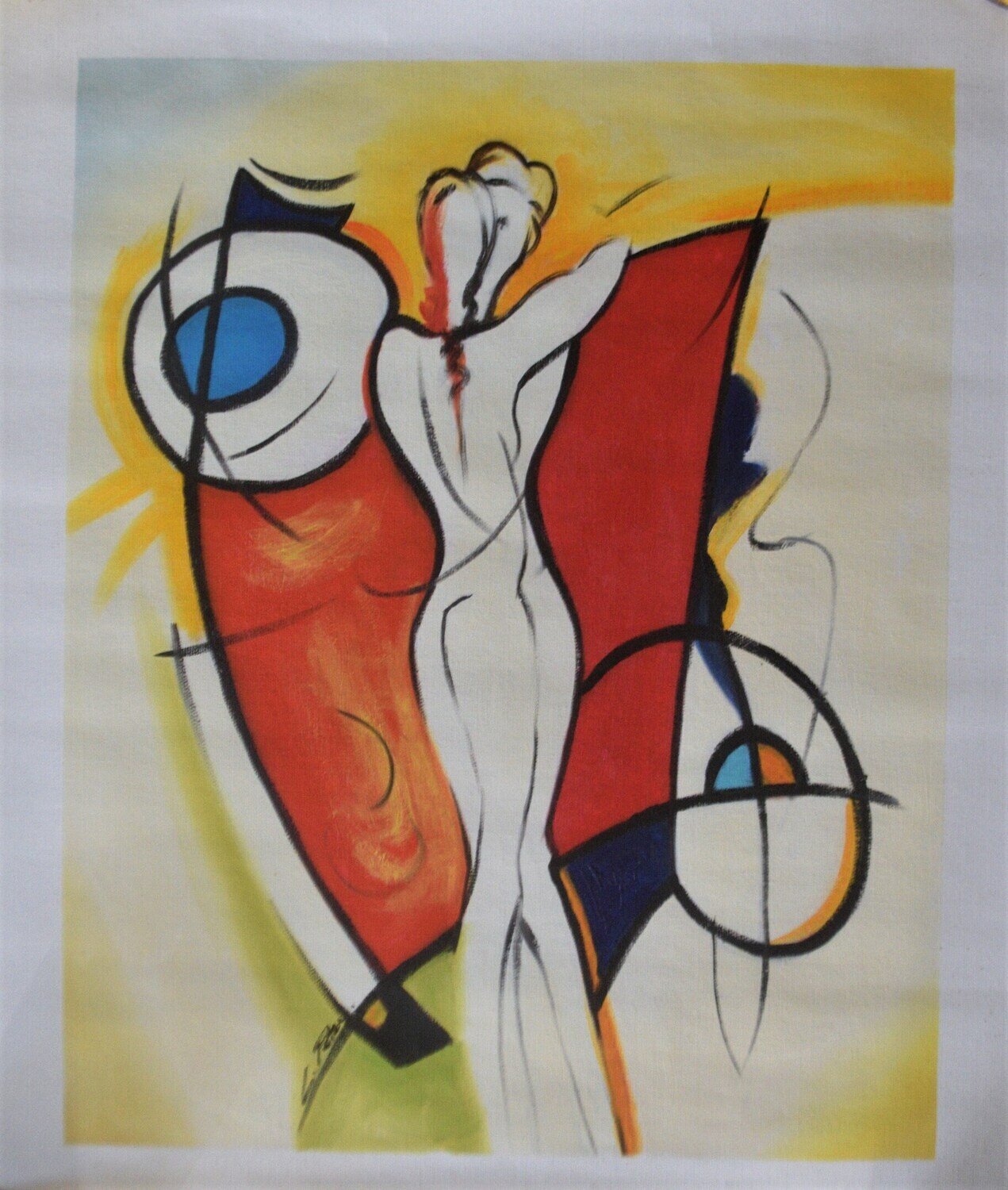 Original Oil, Abstract. Signed L. Peter. Solid Oak Floating frame  18&quot; x 22&quot; Romantic Couple.