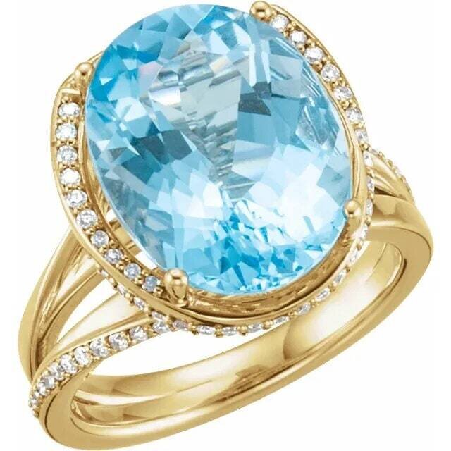 Stuller 14K Gold Settings with Diamond Melee. and preset 16x12mm Blue Topaz.