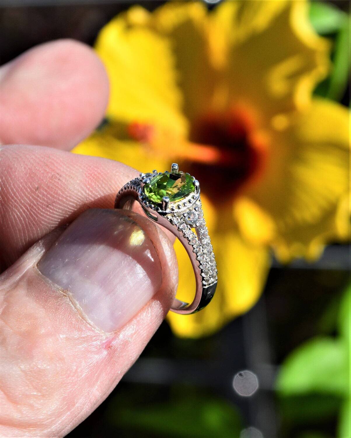 Ring , Size 7, with  Peridot, 1cwt. Natural Earth Mined .  August Birthday.