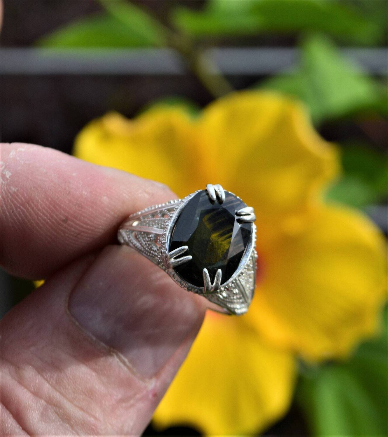 Size 8 Ring.  5cwt sapphire. Earth Mined Bluish Green Sapphire . September  Birth. See Video