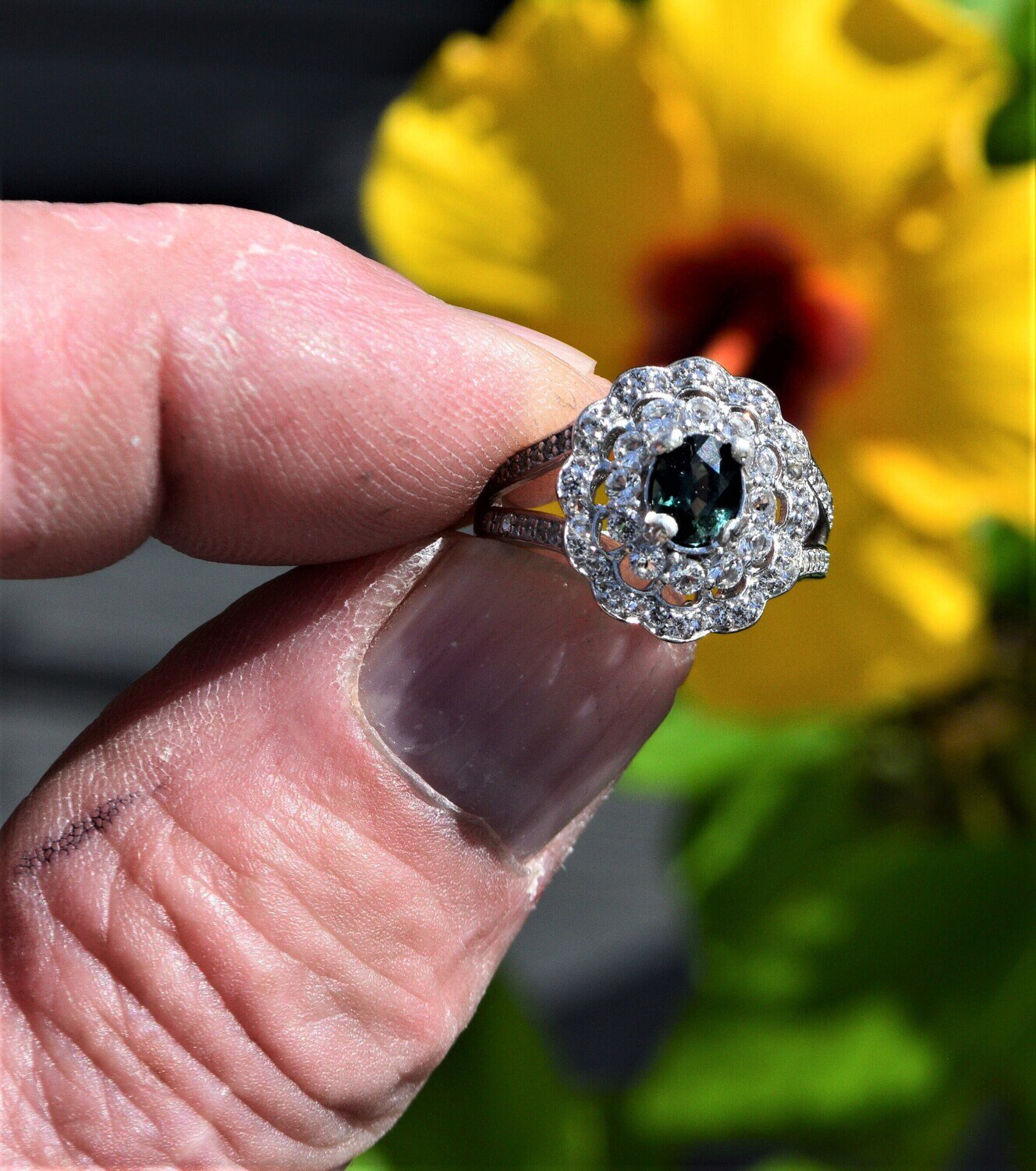 Size 7 Ring.  Earth Mined Bluish Green Sapphire Ring. September  Birthday. See Video