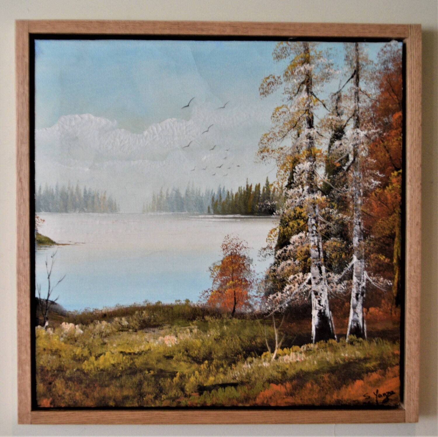 Large Oil on Canvas .  Signed. Solid Oak Floating Frame. Approx.  25.5&quot; x 25.5&quot; .