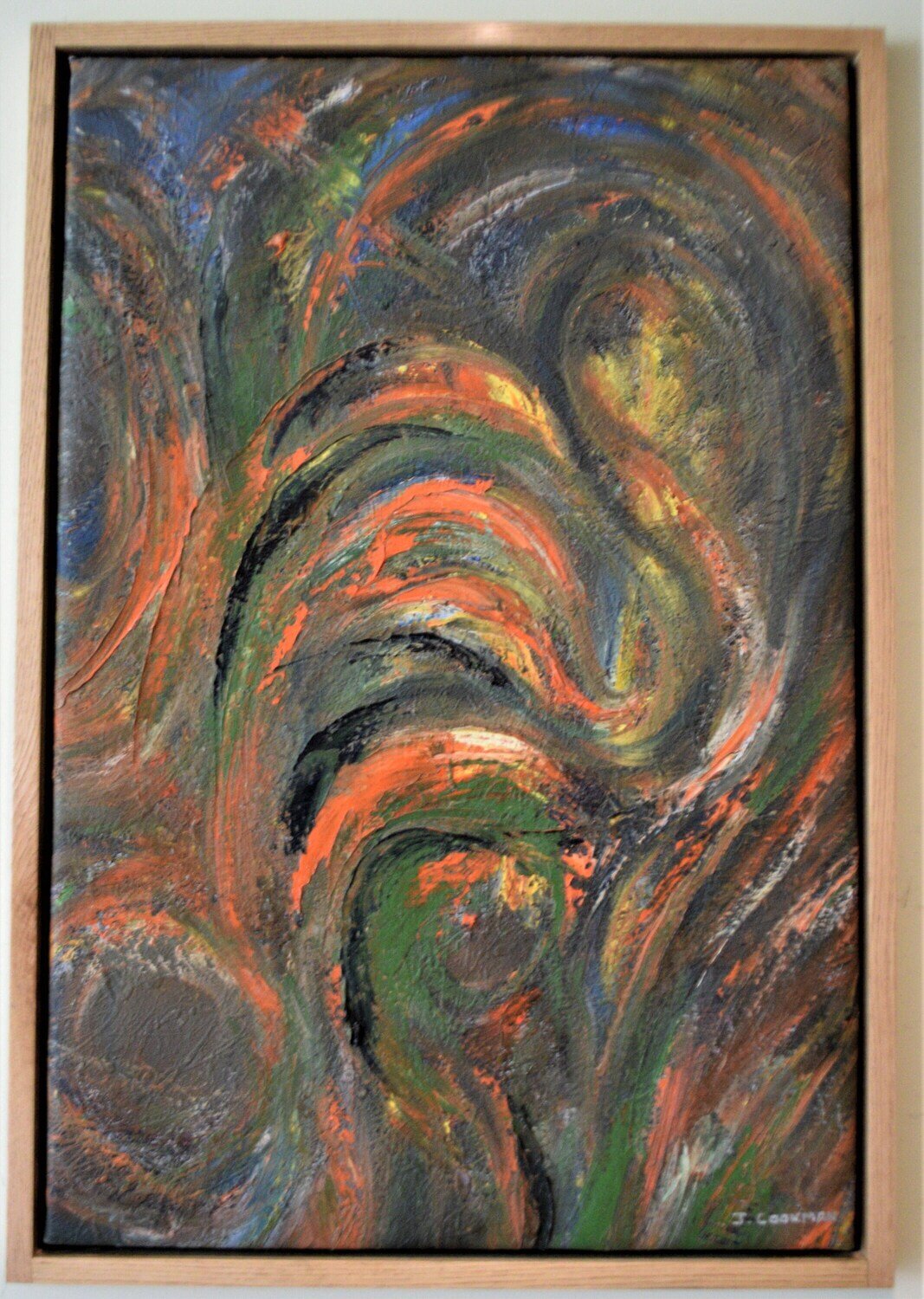 Large Oil on Canvas . Pallet Knife.  Signed. Solid Oak Floating Frame. Approx.  38&quot; x 27&quot; .SEE NOTE.
