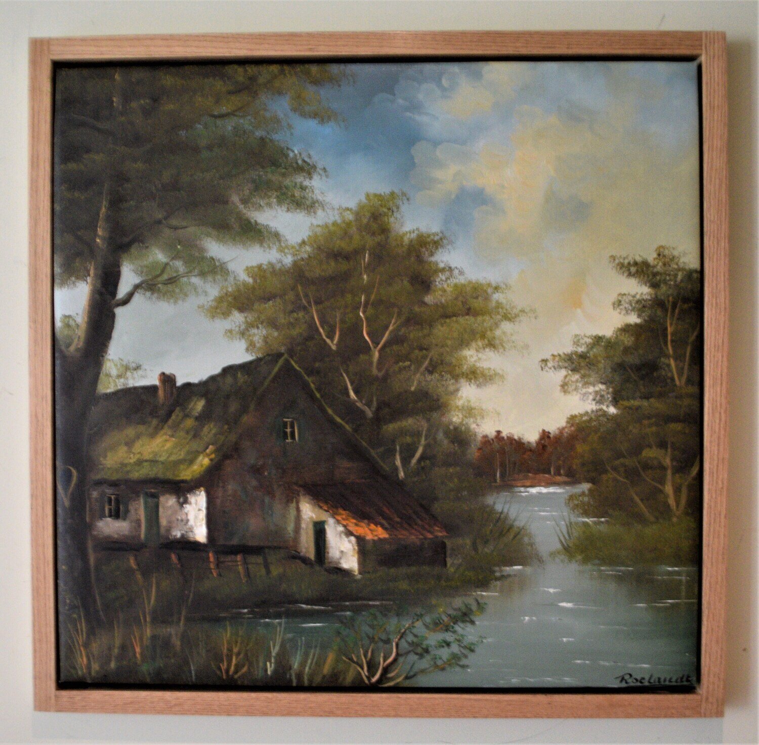 Early Oil on Canvas . Signed. Solid Oak Floating Frame. Approx.  29x29&quot; .