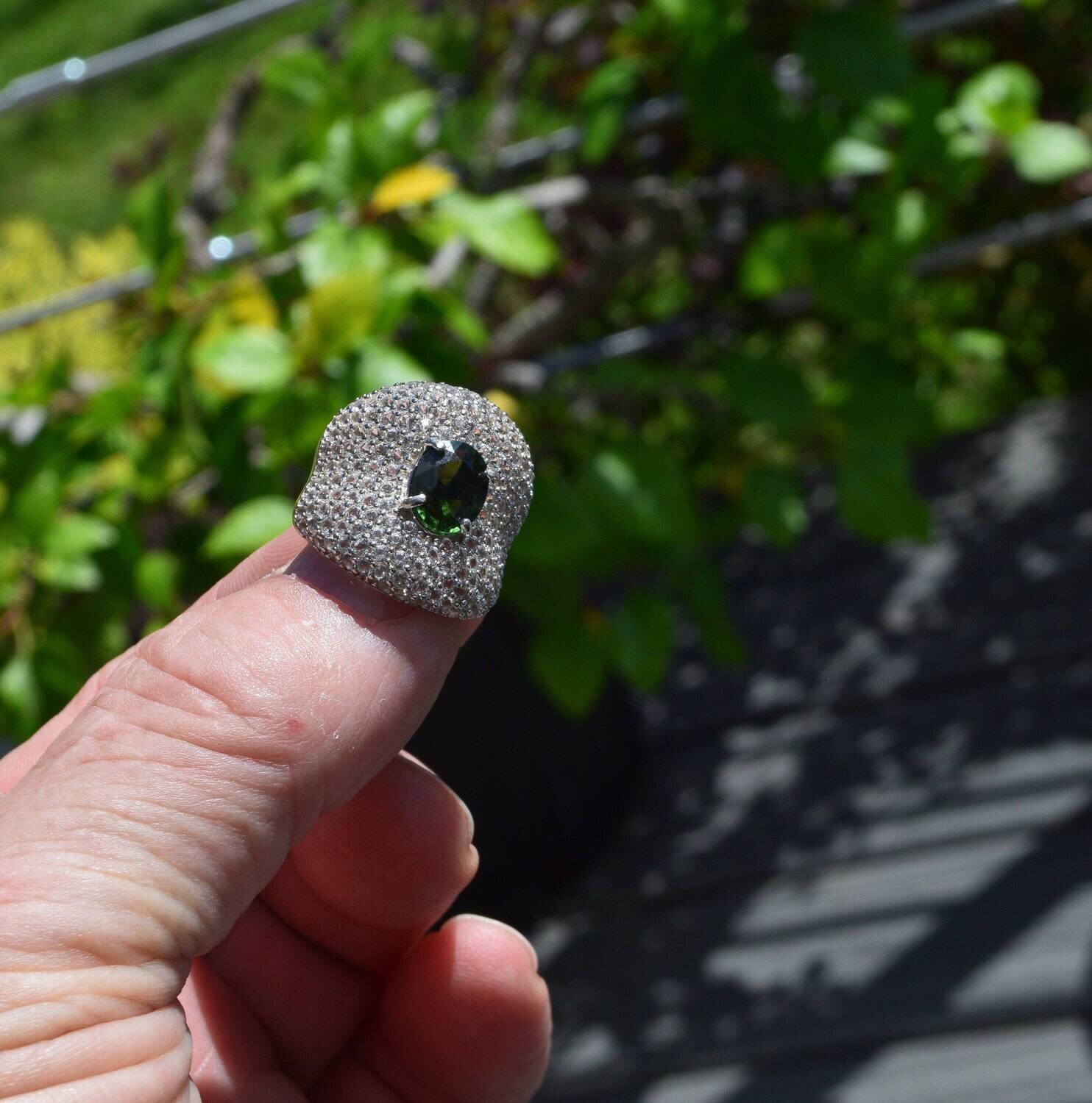 Size 7 Ring. Green Tourmaline 1.87 cwt. Natural Earth Mined .  EXCELLENT Pave work! See Video