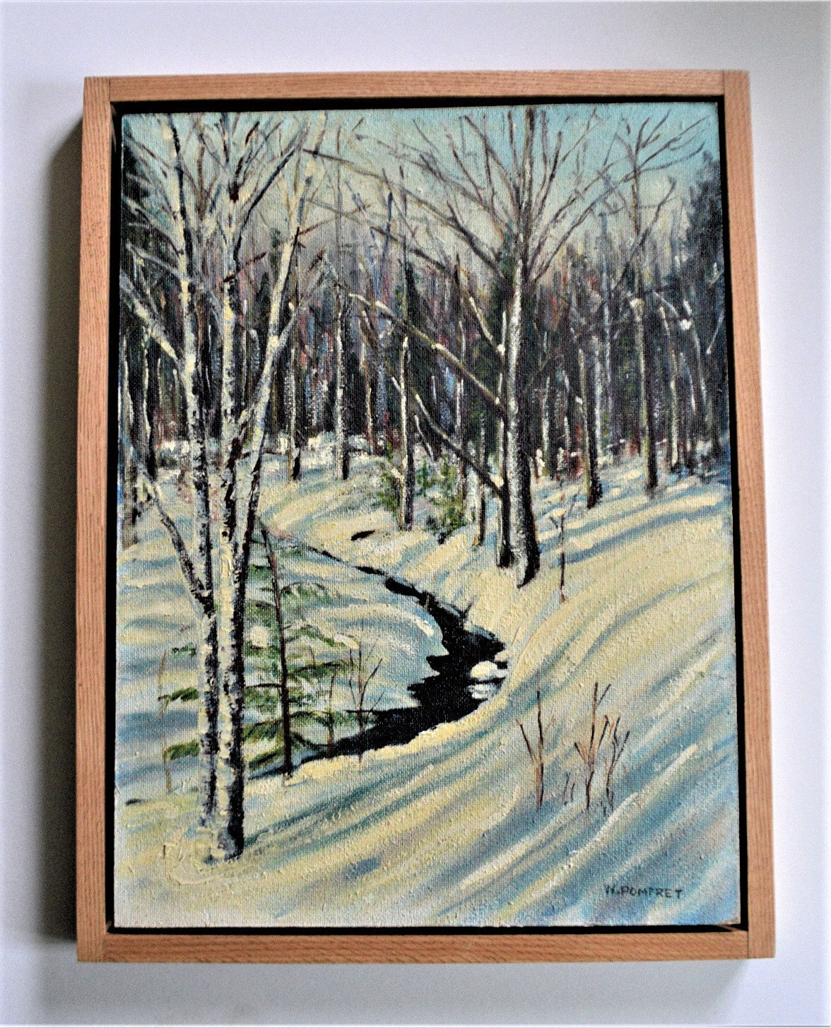PAIR OF OILS on Board by Canadian Artist Pomfret. Solid Oak Floating Frames, 26&quot; x 20&quot;