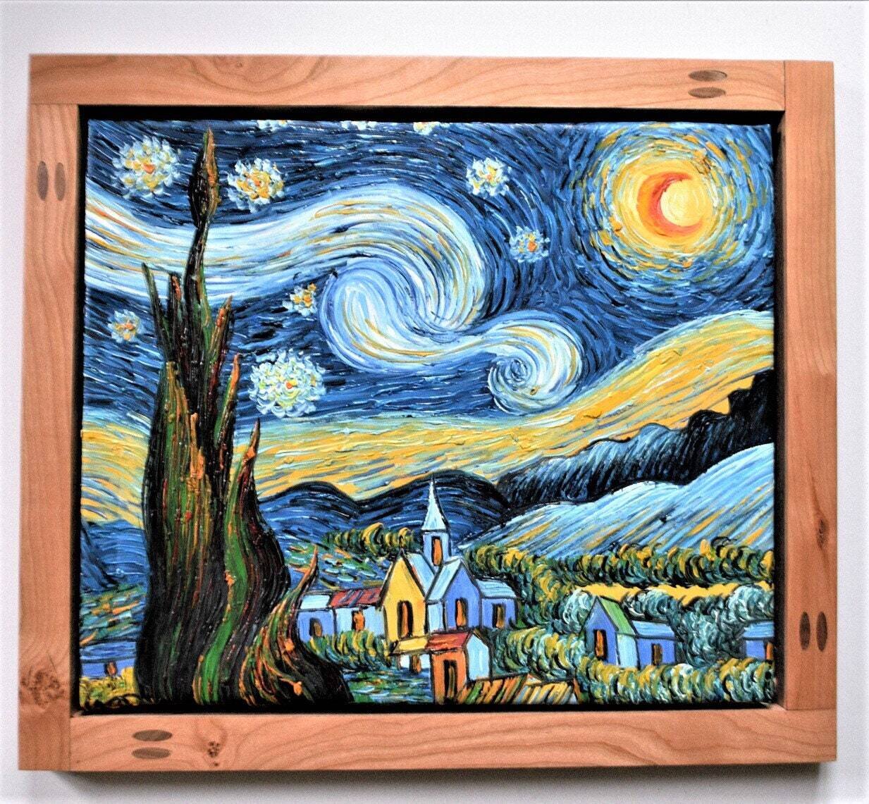 Oil on Canvas, Copy of Van Gogh, Solid Cherry , Padauk &amp; Walnut Floating Frame. 26&quot; x 23&quot; Framed .
