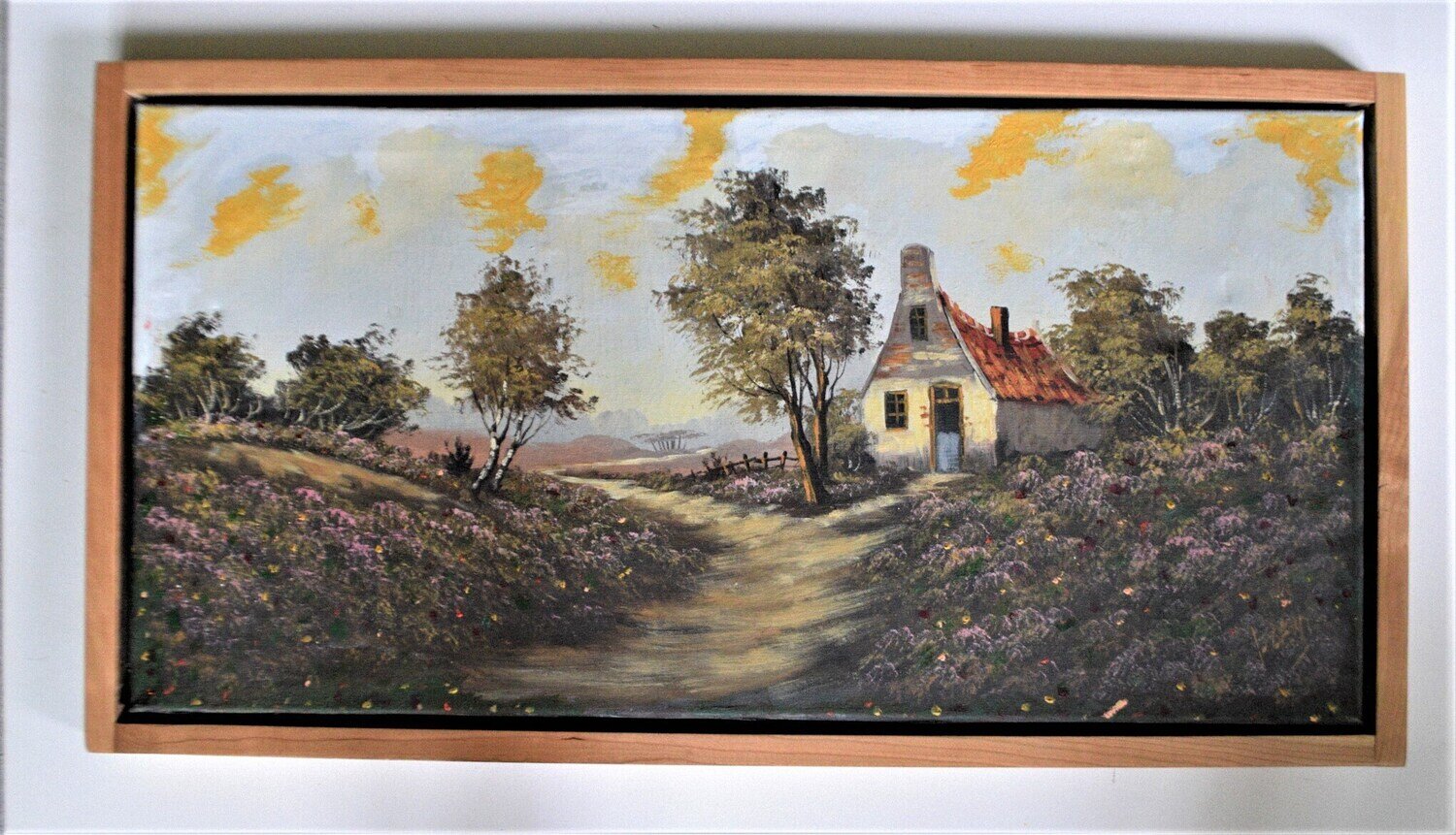 Large Oil on Canvas , Solid Cherry Floating Frame. 18&quot; x 34&quot; . Signed . SEE NOTE.