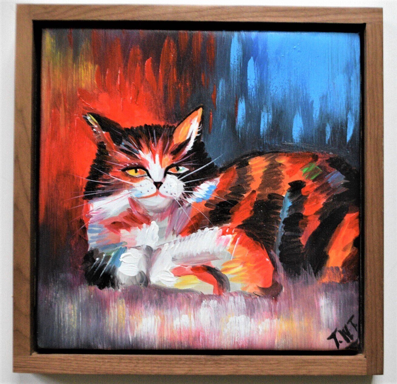 Oil on Canvas of Cat, Solid Walnut Floating Frame. 22&quot; x 22&quot; Framed Size. Signed . SEE NOTE.