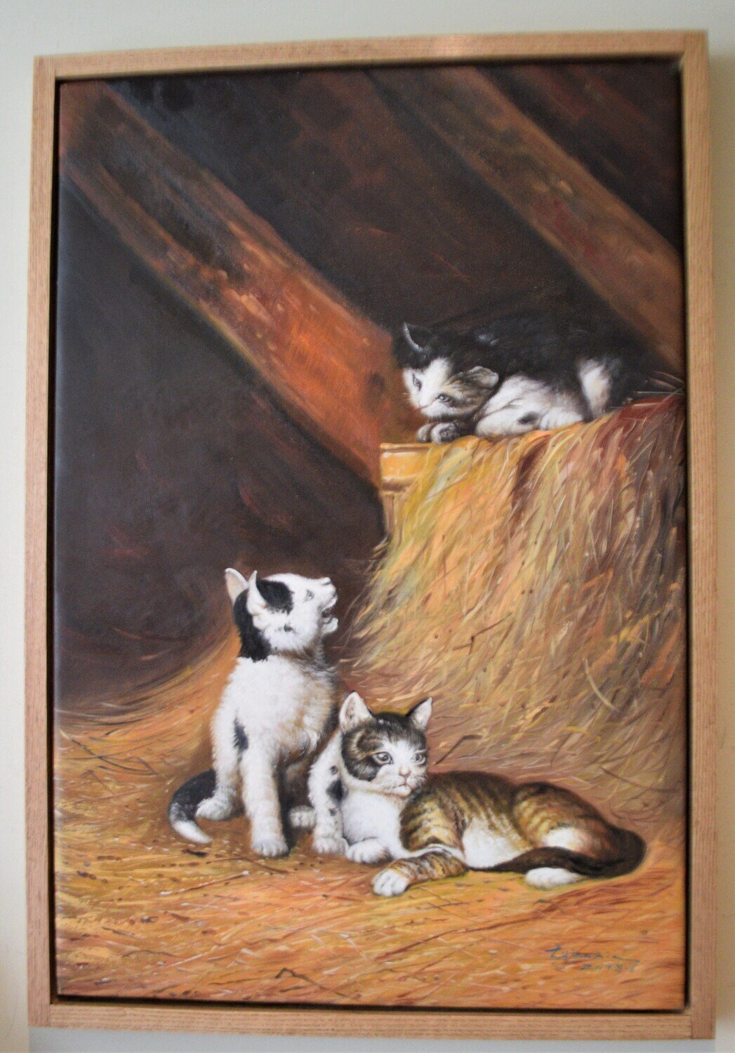 Large Oil on Canvas . Solid Oak Floating Frame. 37&quot; x 26&quot;.Signed .