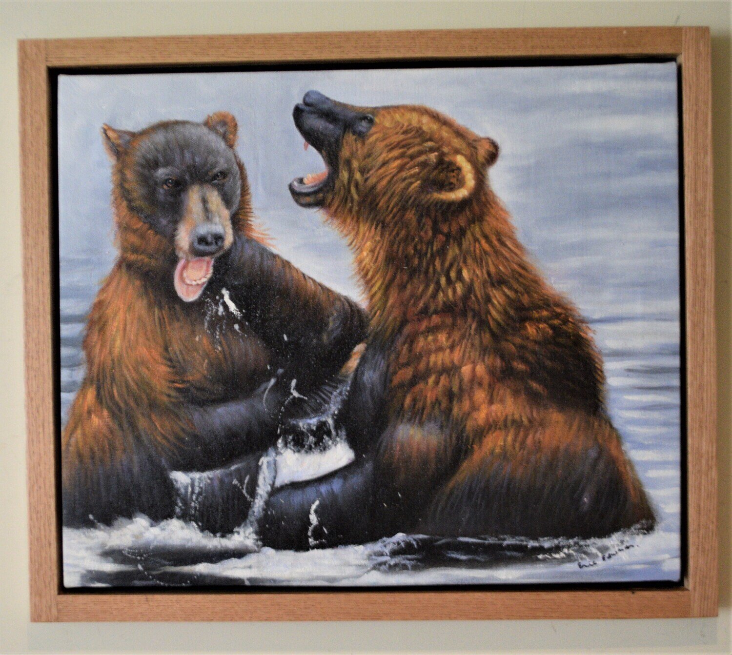 Original Oil, Bears Fighting. Signed Eric Edwards. Image approx. 22&quot; x 26&quot; Framed in Solid Oak.