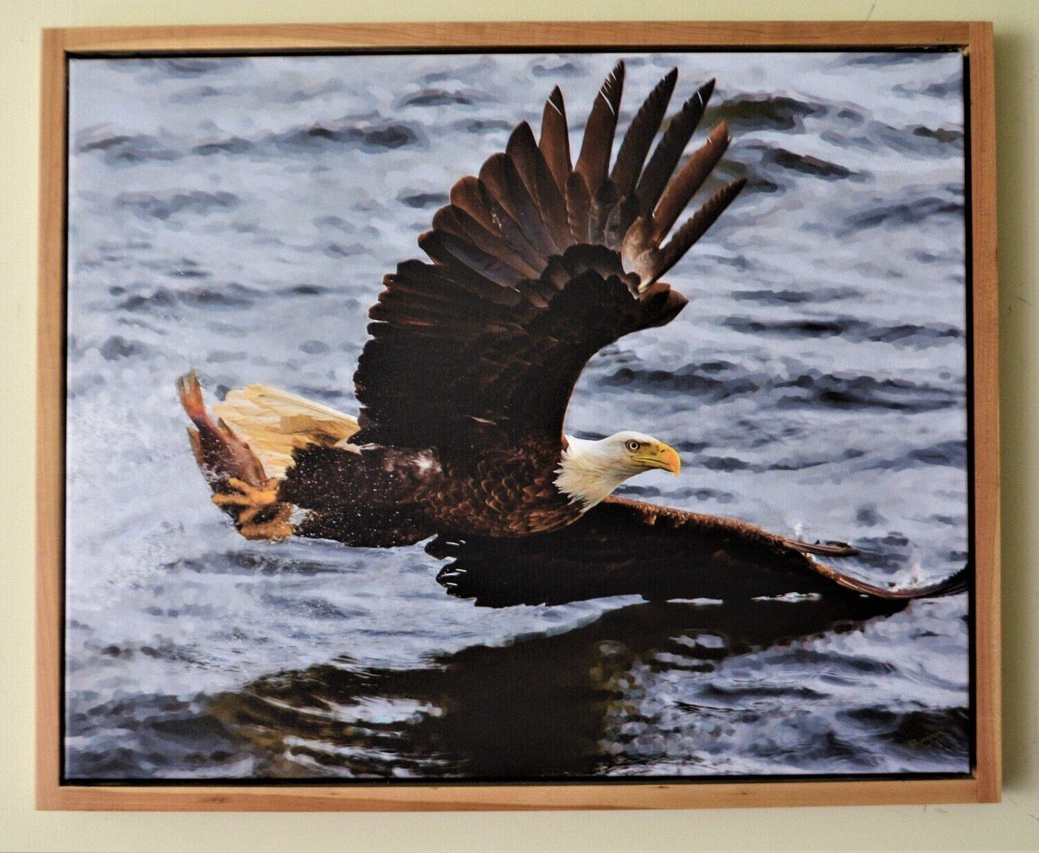 Eagle Fishing. L.E of Two Giclée on Canvas! Solid Oak Frame, Hand Made,  26&quot;x 32&quot; Framed . SEE NOTE.