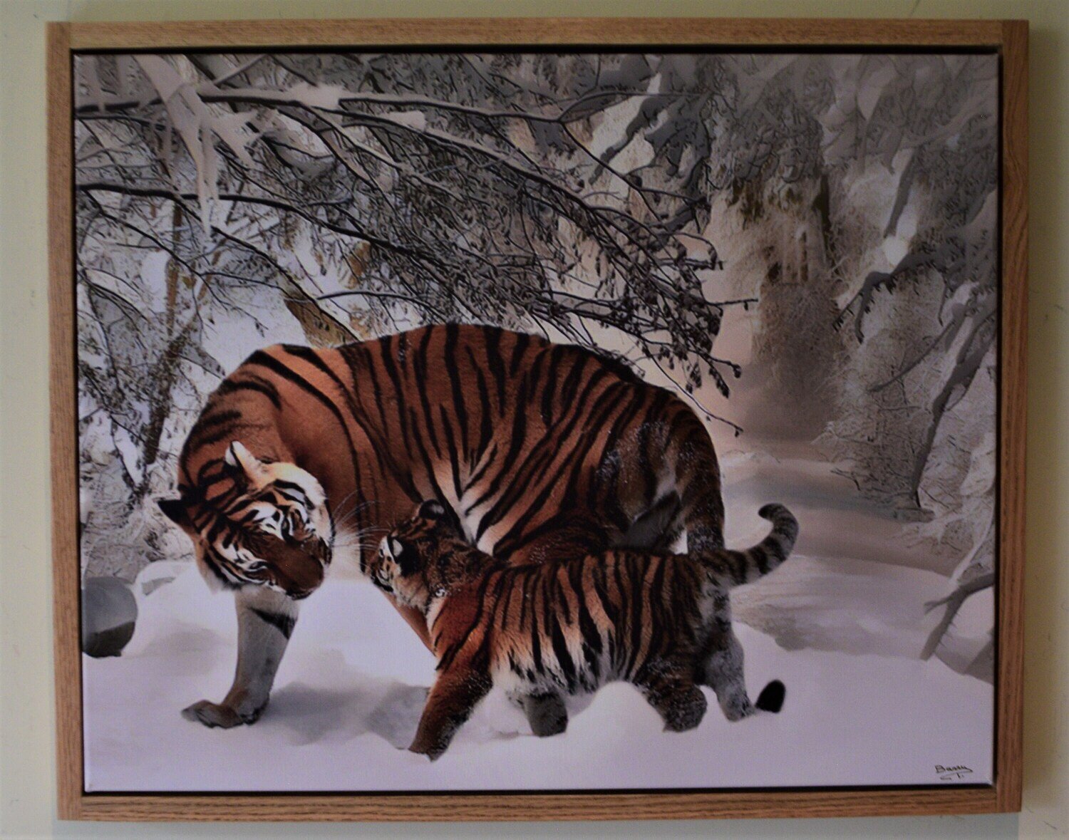 Tiger and Cub. Limited Edition of 2  Giclée on Canvas , Hand Made Solid Oak Floating  Frame. 32x26