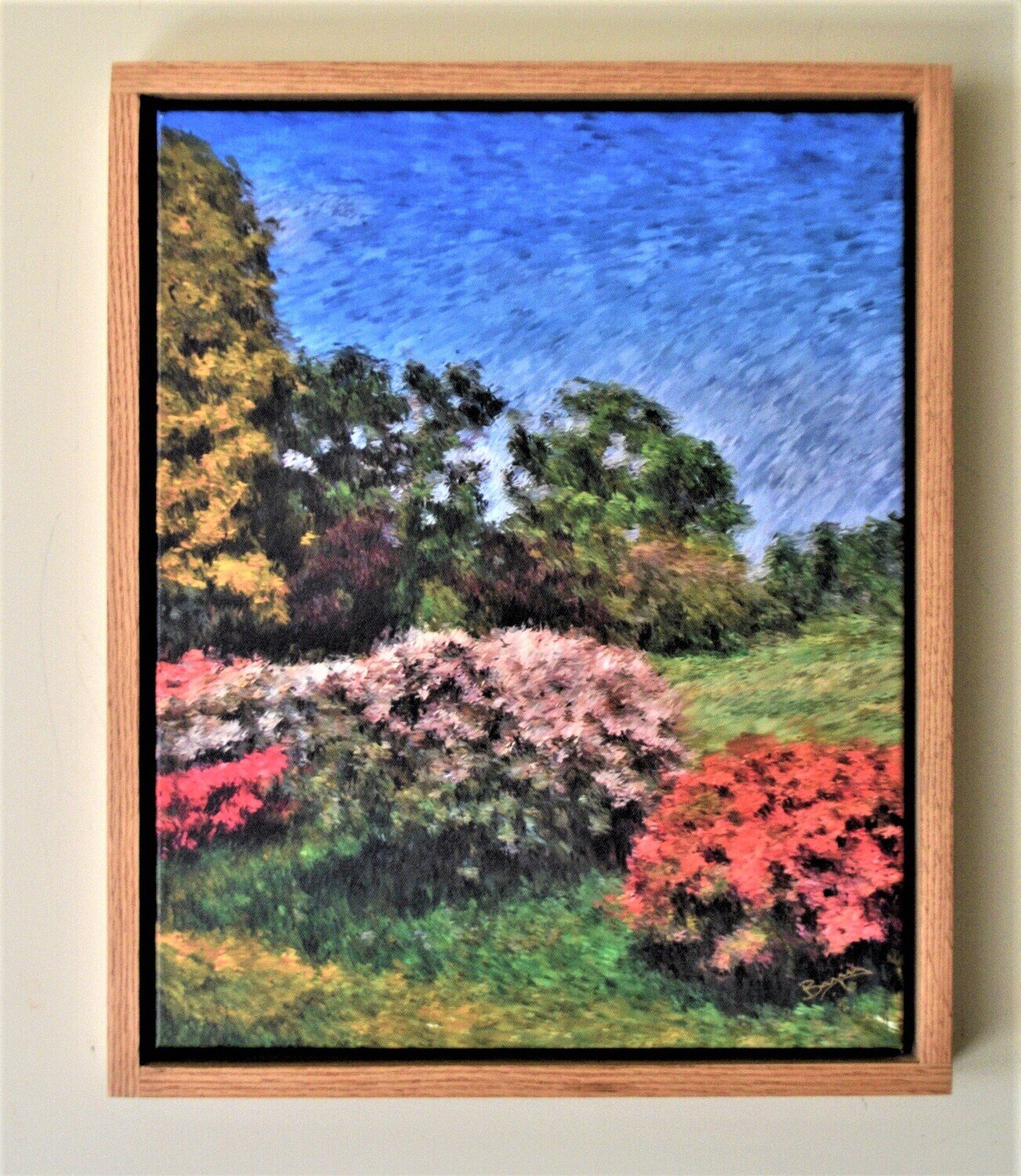 English Garden. One of a Kind Giclée on Canvas. See Note.  Solid Oak Frame, Hand Made.  18&quot; x 22&quot;