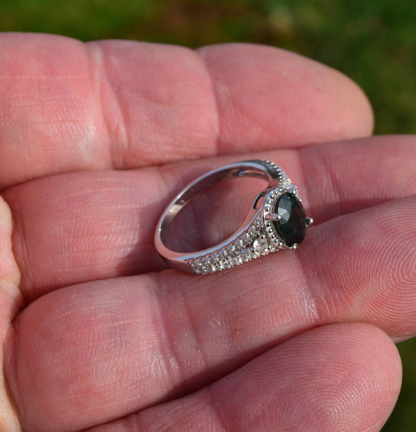 Size 8 Ring 1.66 cwt Green/Blue Sapphire .  8x6 mm. September Birthday. See Video