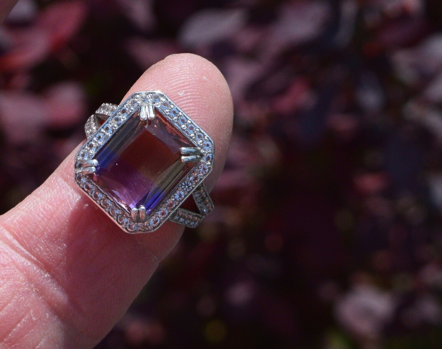 Ametrine Ring, Size 7.  8 cwt.  Natural Earth Mined. Stone 12x10 mm. Unheated. See Video