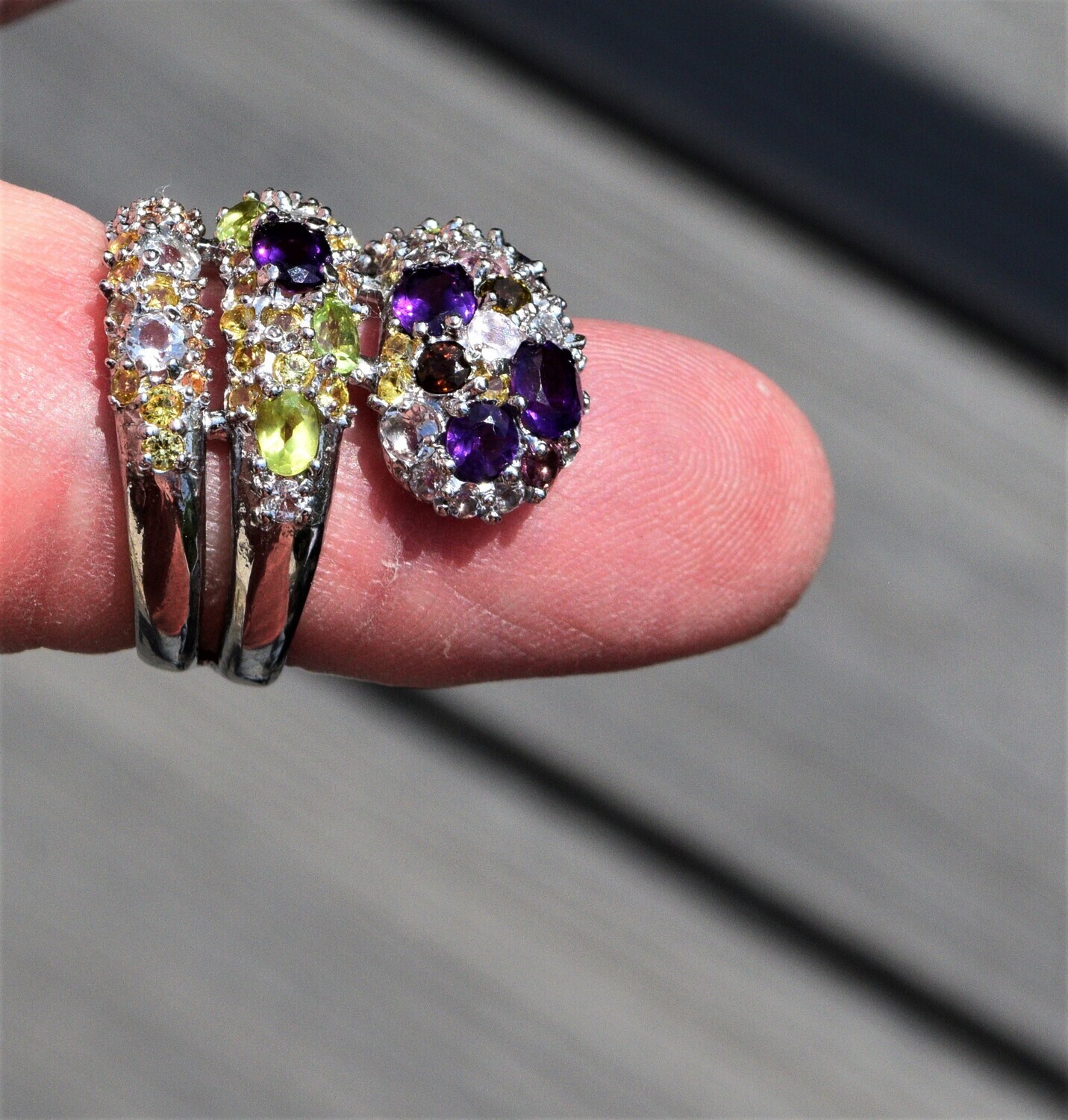 Amethyst Ring. with Aqua, Peridot and Sapphire Accents. .  Hand Set in Silver. Approx. Size 9. February Birthday