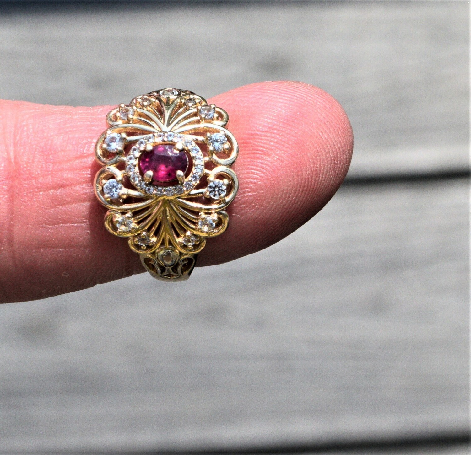 Size 7 Ruby Ring, Solid Yellow Gold. Approx. 1cwt Sapphires, .4cwt Ruby.